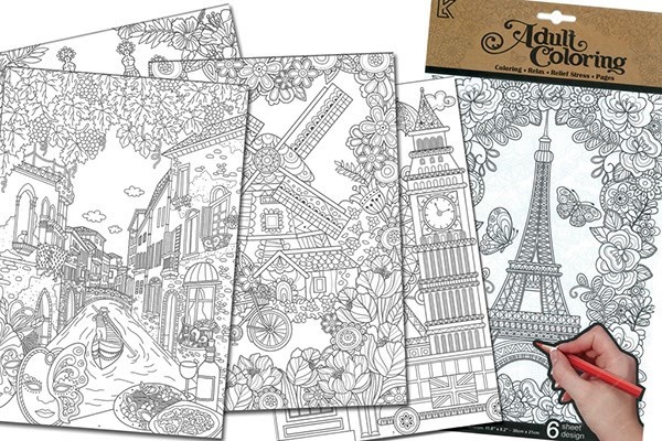 Maleark A4 til voksne Seværdigheder, 6 ark