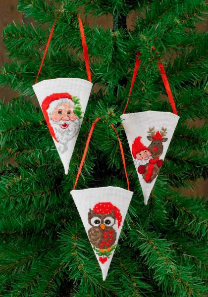 Embroidery kit Cones Santa, Owl & Rudolf, 3 pcs