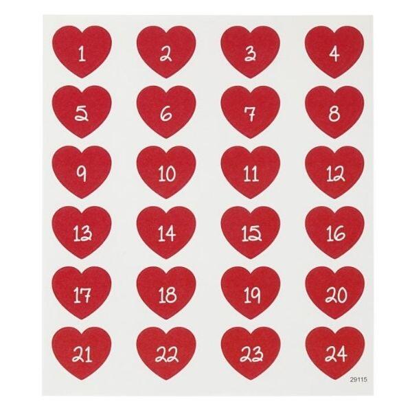 Christmas calendar number stickers, 24 pcs. Hearts