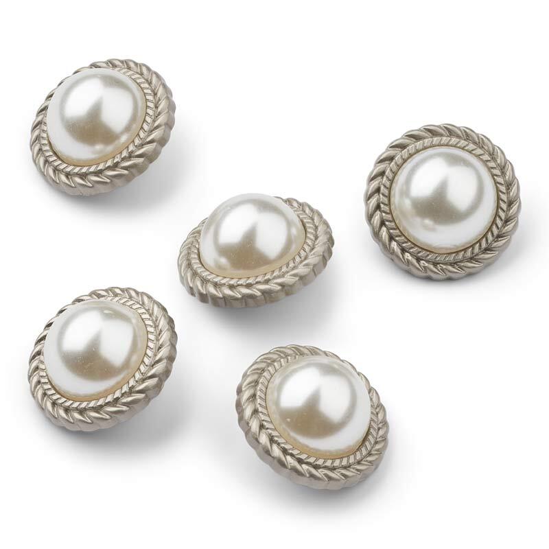 HobbyArts Pearl Buttons, White/Silver, 21 mm, 5 pcs